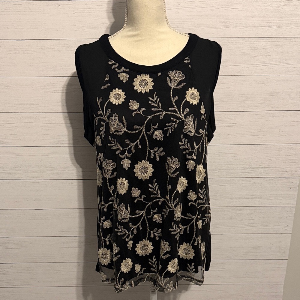 Maurices Black Tank Top with Cream Floral Embroidery